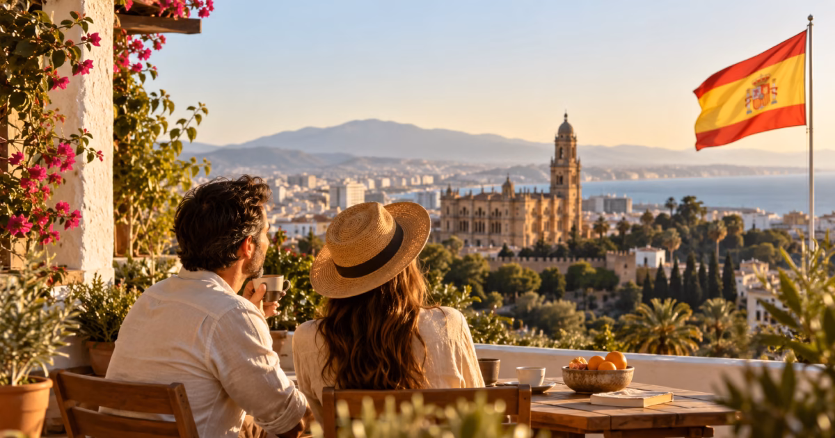 Couple installé en Espagne avec vue sur une ville espagnole et drapeau de l’Espagne