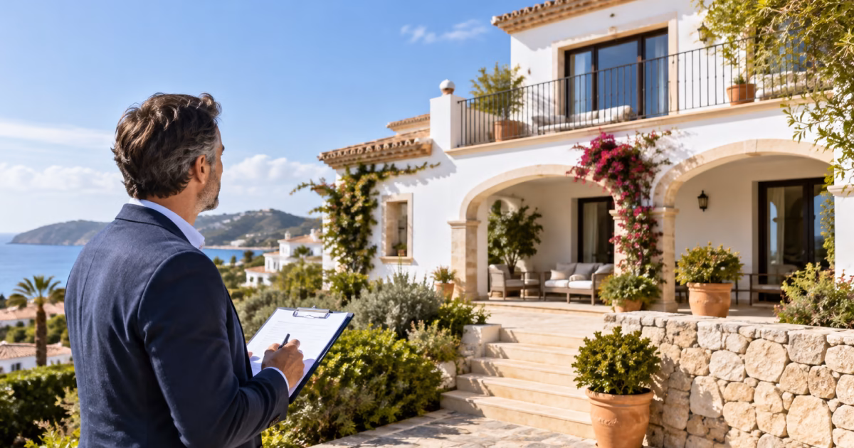 Expert immobilier évaluant une villa en Espagne pour une tasación bancaire