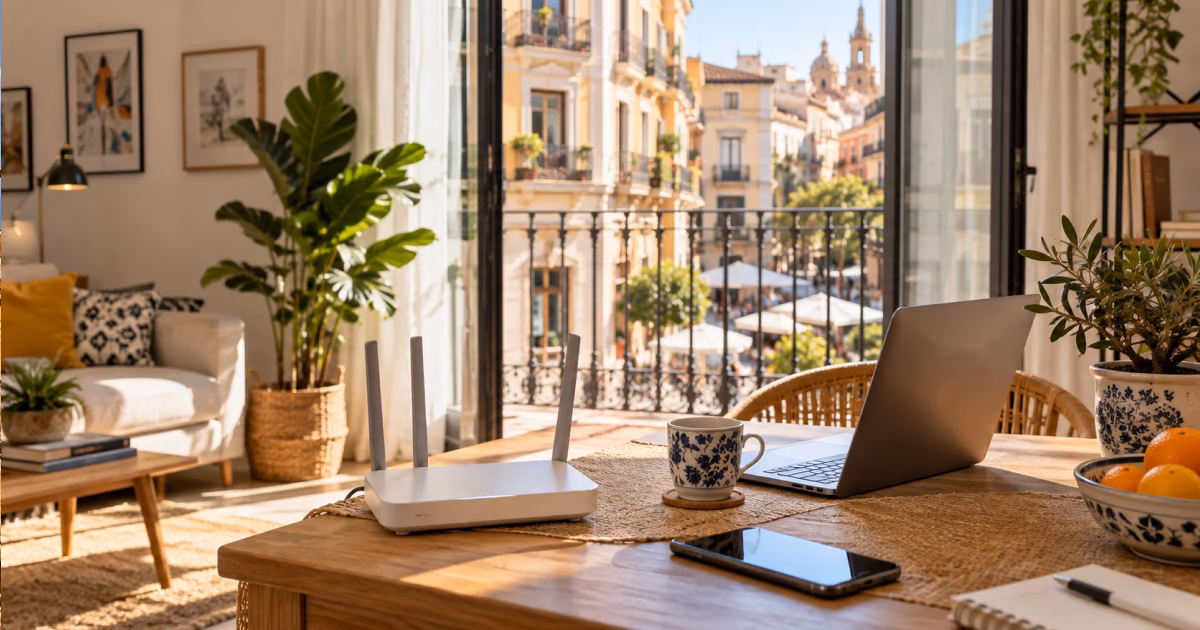 Routeur Wi-Fi, ordinateur et smartphone dans un appartement en Espagne