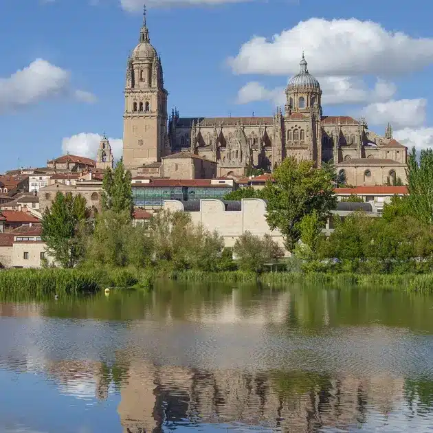 Cathédrale de Salamanque vue depuis le fleuve Tormes avec reflets dans l’eau