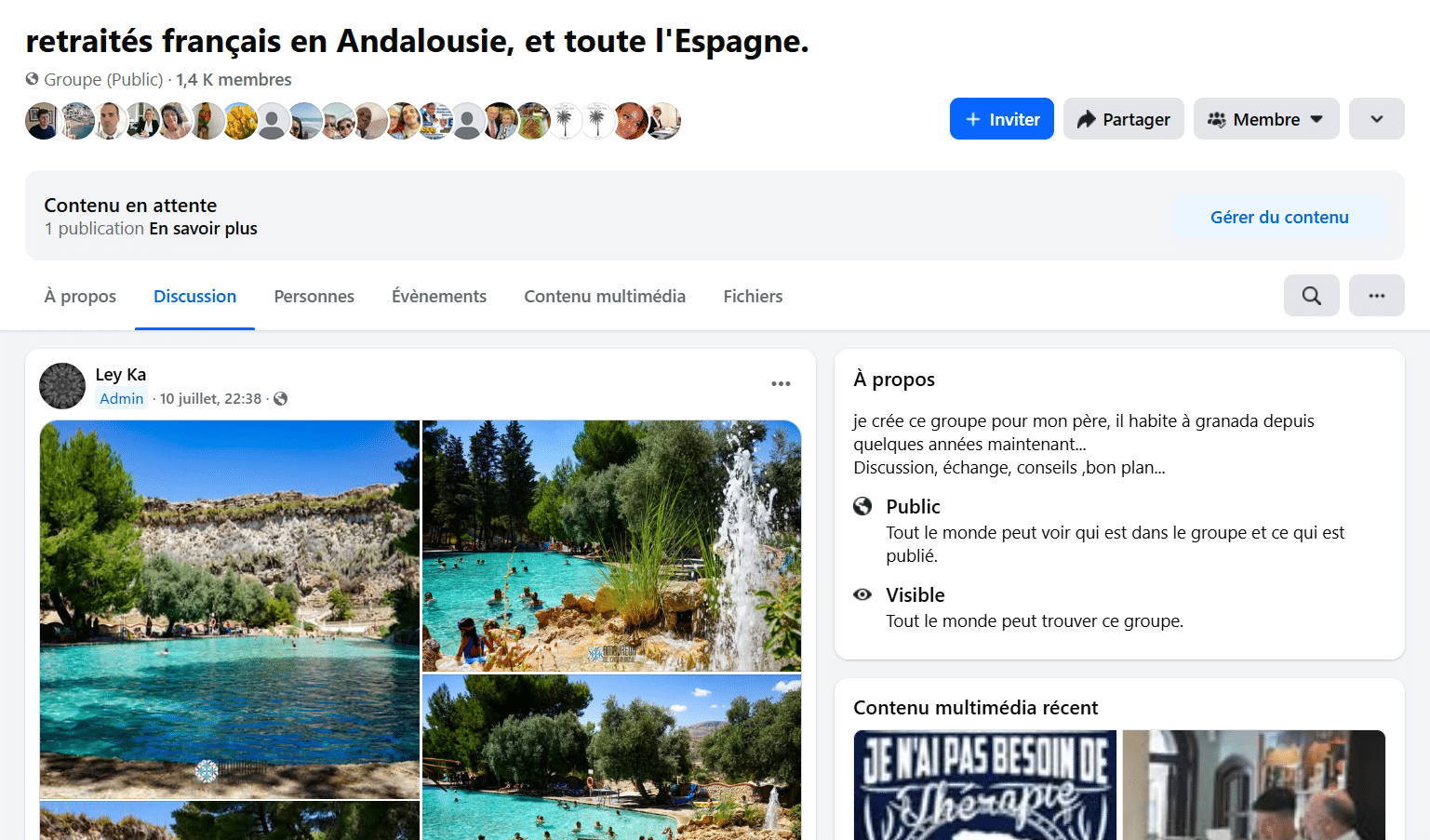 Screenshot du Groupe Facebook : retraités français en Andalousie, et toute l'Espagne.
