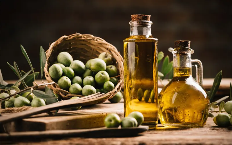 Bouteilles d’huile d’olive vierge extra avec panier d’olives vertes, symbole de la gastronomie espagnole