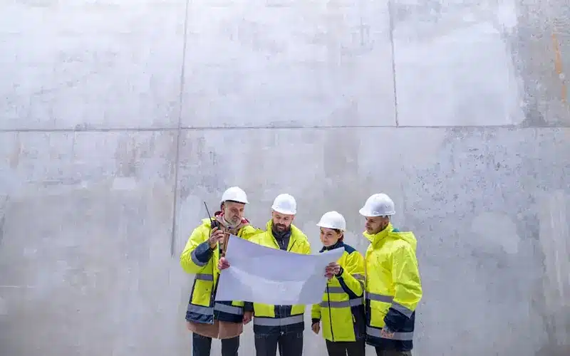 Équipe d’ingénieurs et d’ouvriers en casque et gilet réfléchissant consultant des plans sur un chantier en Espagne