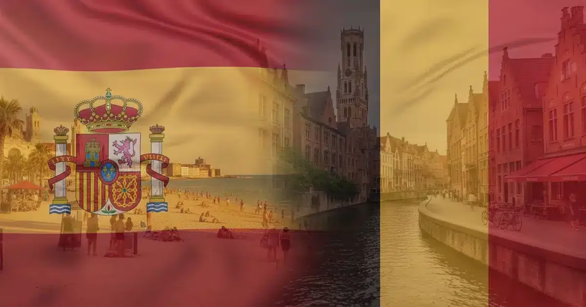 acheter-en-espagne-vs-belgique Comparatif immobilier entre l’Espagne et la Belgique avec superposition des drapeaux, illustrant les différences de prix et d’avantages pour les acheteurs