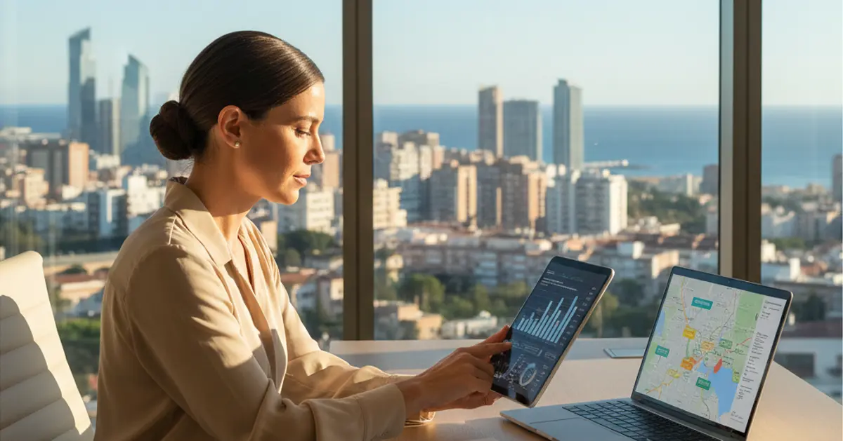 Experte immobilière analysant les loyers sur un ordinateur à Barcelone, illustrant le calcul et l’encadrement des loyers en Espagne