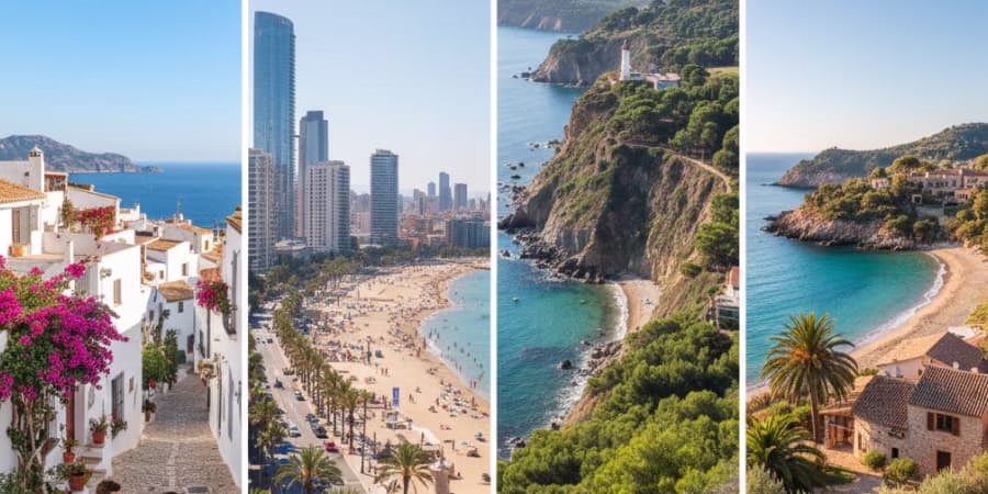 Panorama de plusieurs régions espagnoles, ville côtière, plage urbaine, côte sauvage et village méditerranéen, illustrant les différentes options pour choisir où s’installer en Espagne.
