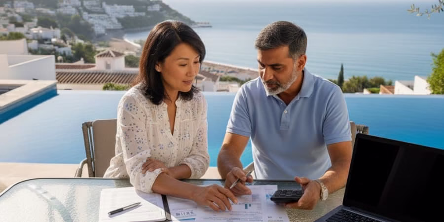 Couple de futurs retraités analysant des documents fiscaux avec une calculatrice avant de s’installer en Espagne, illustrant la préparation fiscale préalable à l’expatriation.