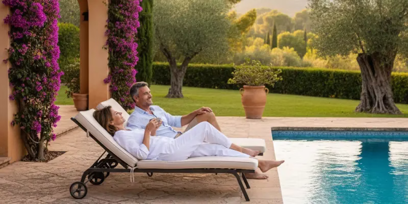 licence-premiere-occupation-espagne-obligatoire-2026 Couple sur des transats au pour d'une piscine en Espagne