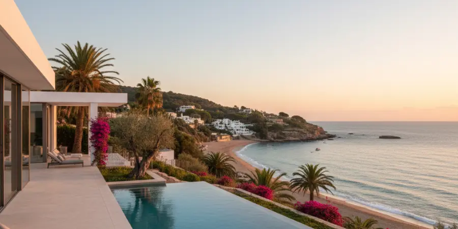 Vue d’une villa en bord de mer en Espagne au coucher du soleil, illustrant les précautions et erreurs à éviter avant de se lancer dans un projet d’installation ou d’investissement immobilier.