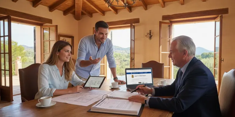 verifier-licence-avant-acheter-bien-immobilier-espagne Couple face à un avocat dans une maison en Espagne