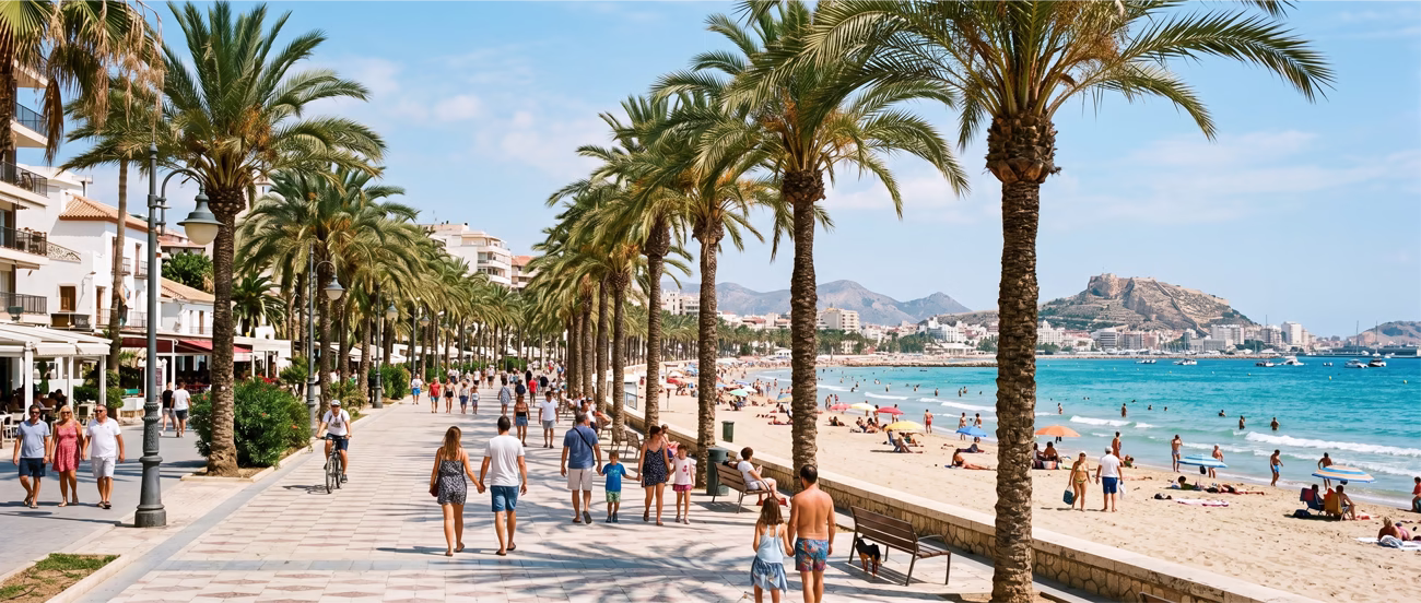 Front de mer ensoleille en Espagne avec palmiers et promenade