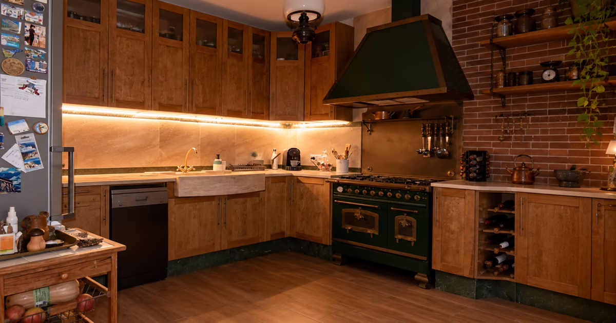 Cuisine équipée d’une maison à La Font d’en Carròs, avec mobilier en bois et grand espace de préparation.